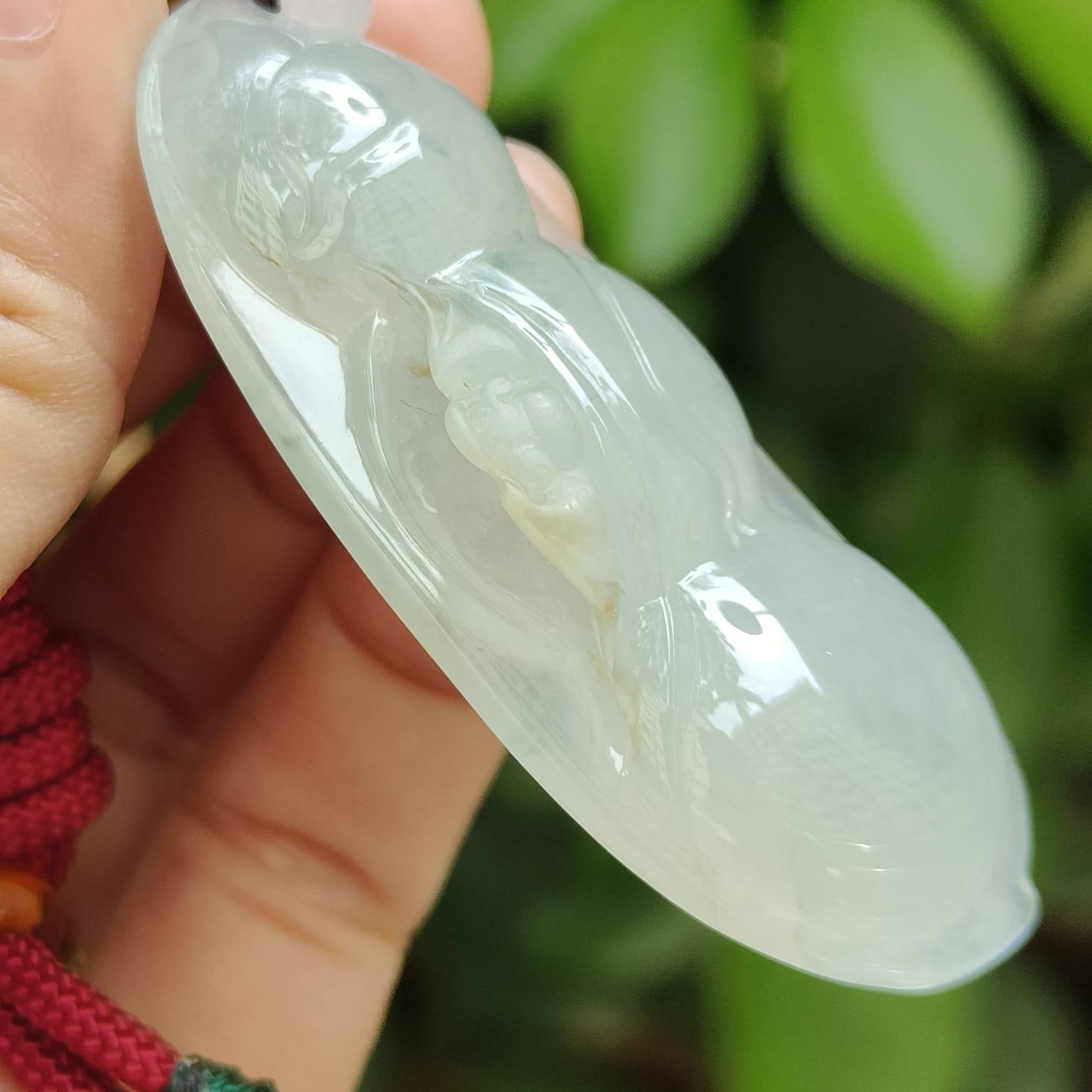 Bean with bat pendant crafted on Icy Translucent Natural Type A Jadeite Jade, certificate weighs 23.26 grams, measurement 56.3 * 22 * 10.7 mm (pendant394) Yi Pin Qian Jadeites Jade Jewelry ~Your Precious Quintessential ~ Singapore