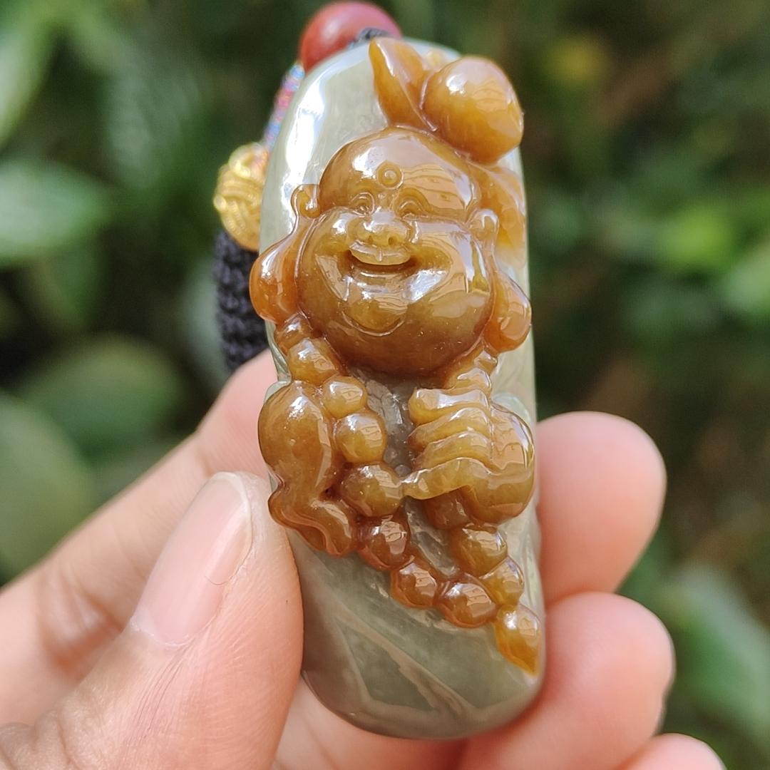 Very Rare Good Quality Reddish Yellow and Light Green Natural Type A Jadeite Jade crafted with Milo Buddha as Pendant with certificate weigh 37.43 grams, measurement 50 * 18.5 * 20.3 mm (pendant235) Yi Pin Qian
