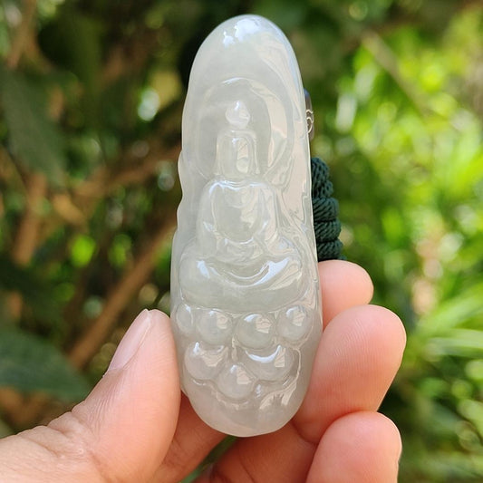 High Quality Light Green Hue Natural Type A Jadeite Jade crafted with Faceless Guanyin as Pendant, Certificate weighs 33.26 grams, measurement 63.8 * 23.6 * 12.2 mm (pendant237) Yi Pin Qian