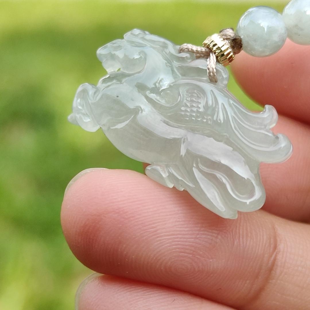 Icy with light green base Natural Type A Jadeite Pendant Necklace crafted as Flying Horse symbols of Good luck is coming soon, Longma spirit with QIC approved certificate weigh 4.55 grams, 15.6 * 28 * 6.3 mm (pendant65) Yi Pin Qian