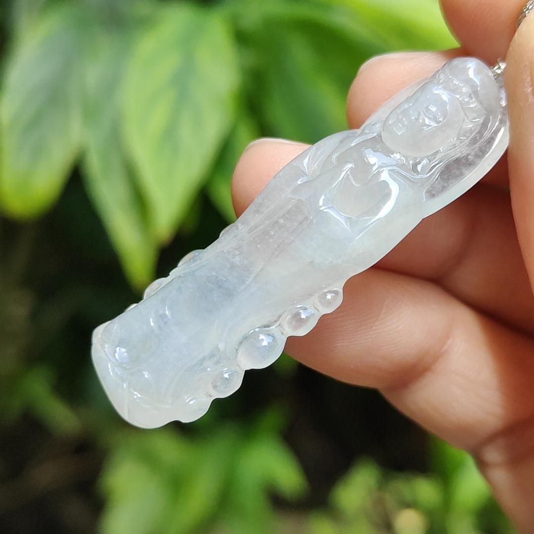 High Quality Icy Translucent Natural Type A Jadeite Jade crafted as Standing Guanyin, S925 clasp added as Pendant, certificate weighs 7.79 grams, measurement 45.7 * 14.8 * 6.3 mm (pendant269) Yi Pin Qian