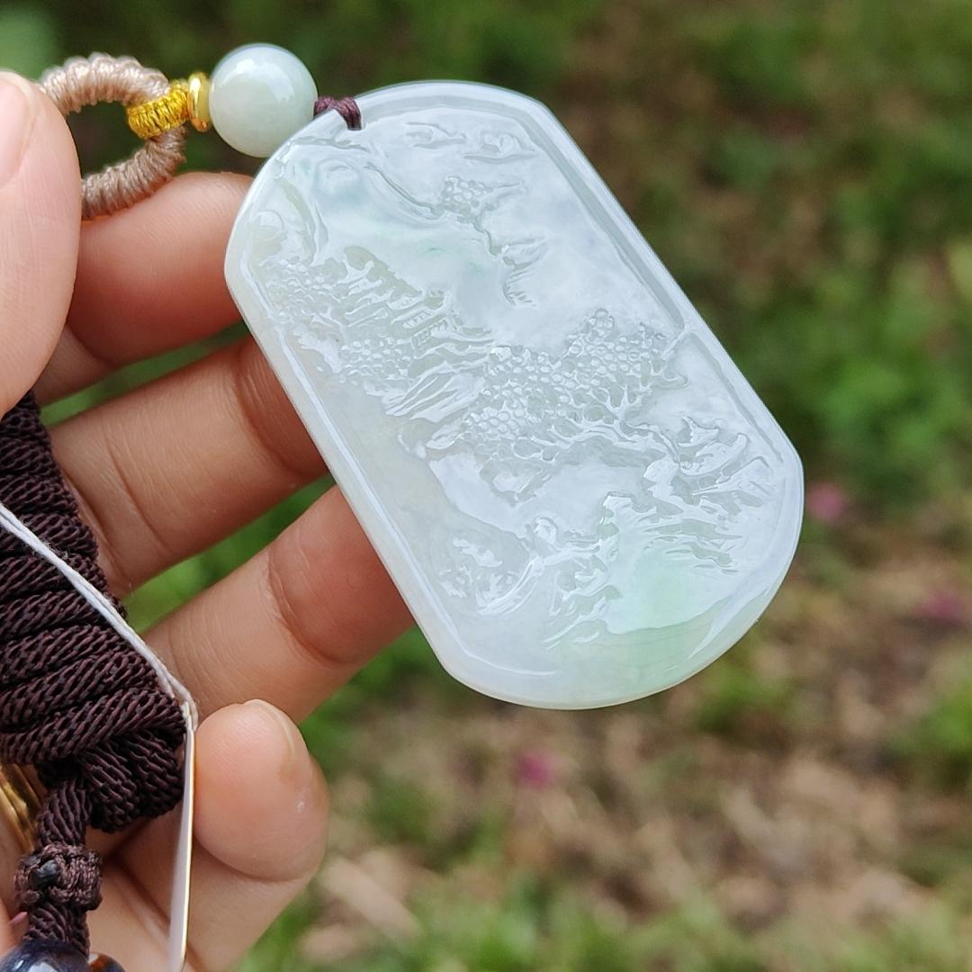 Quality Semi Icy White and Light Green Patches Natural Type A Jadeite Jade crafted with sceneries as pendant with QIC labs approved certificate weigh 24.89 grams, measurement 54 * 32 * 4.5 mm (pendant227) Yi Pin Qian