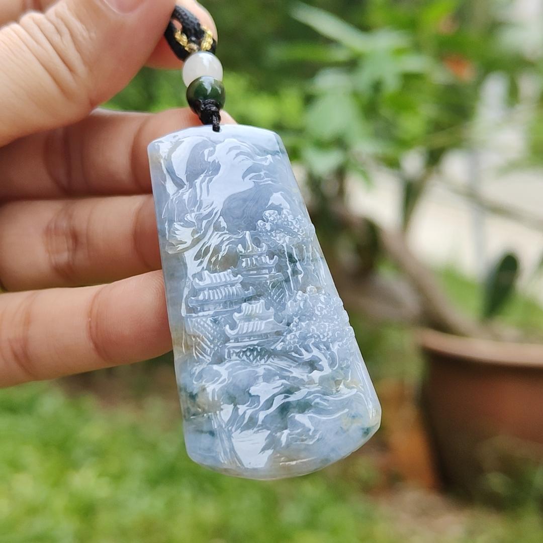 Unique Lavender Natural Type A Jadeite Pendant carved with scene come with certificate weight 19.55 grams, 53.80 *27.50 * 5.50 mmm, suitable for daily wear (pendant121) Yi Pin Qian