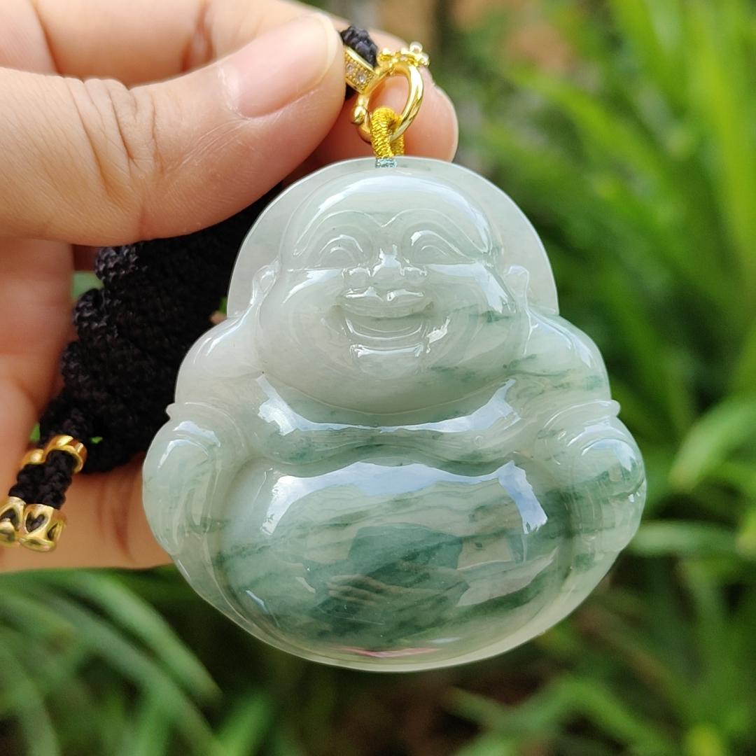 Rare, Hugh, Old Mine Translucent Floating bluish green patches Natural Type A Jadeite Pendant carved as Milo Buddha weight 232.82 grams, 52.83 * 51.18 * 12.18 mm, fine grain crystal aggregate suitable for daily wear with NGI Certificate (pendant143) Yi Pin Qian