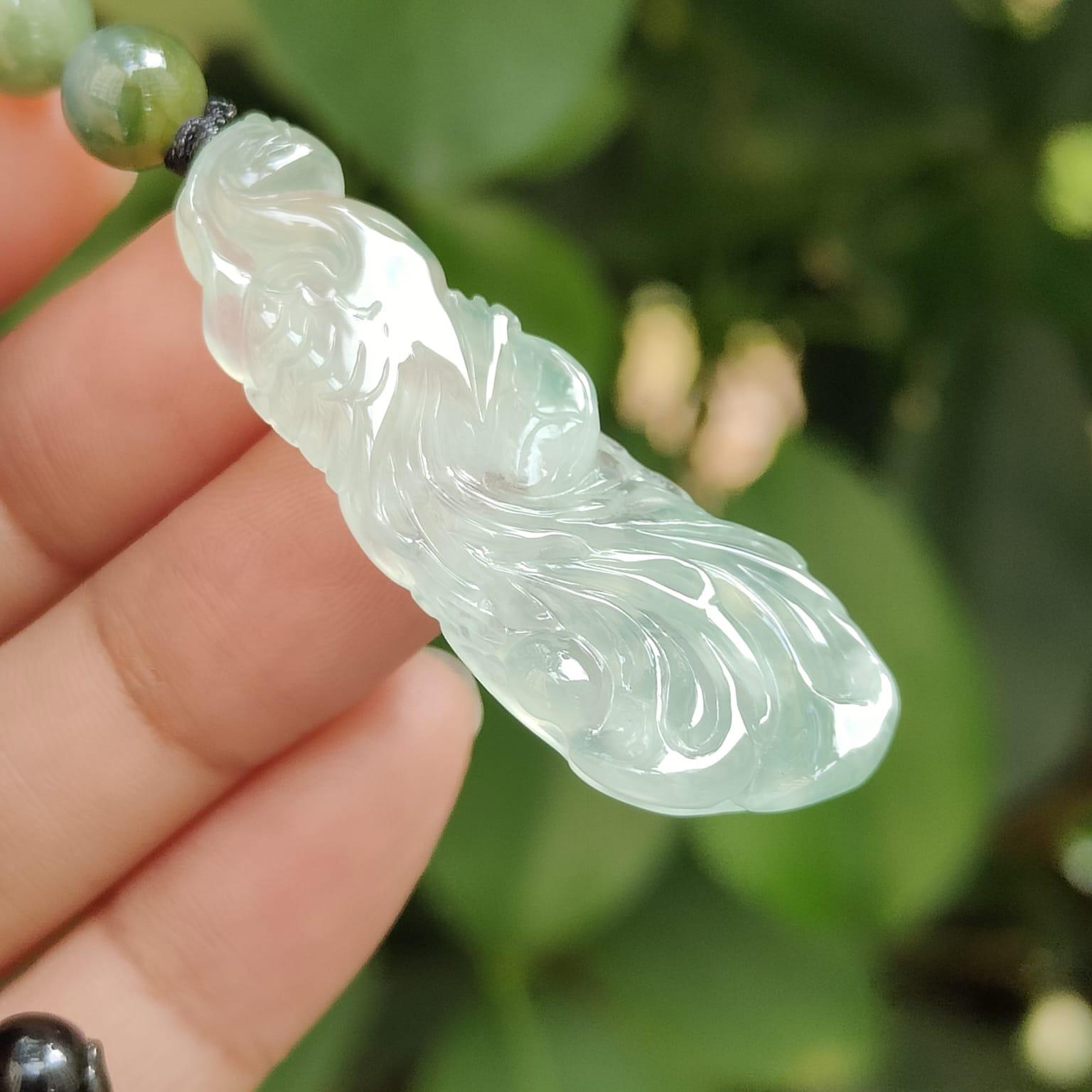 Icy Phoenix & Ruyi Jadeite Pendant – Five Elements Harmony, Certified Type A Jade, Heirloom-Quality (Sku: pendant402) Yi Pin Qian Jadeites Jade Jewelry ~Your Precious Quintessential ~ Singapore