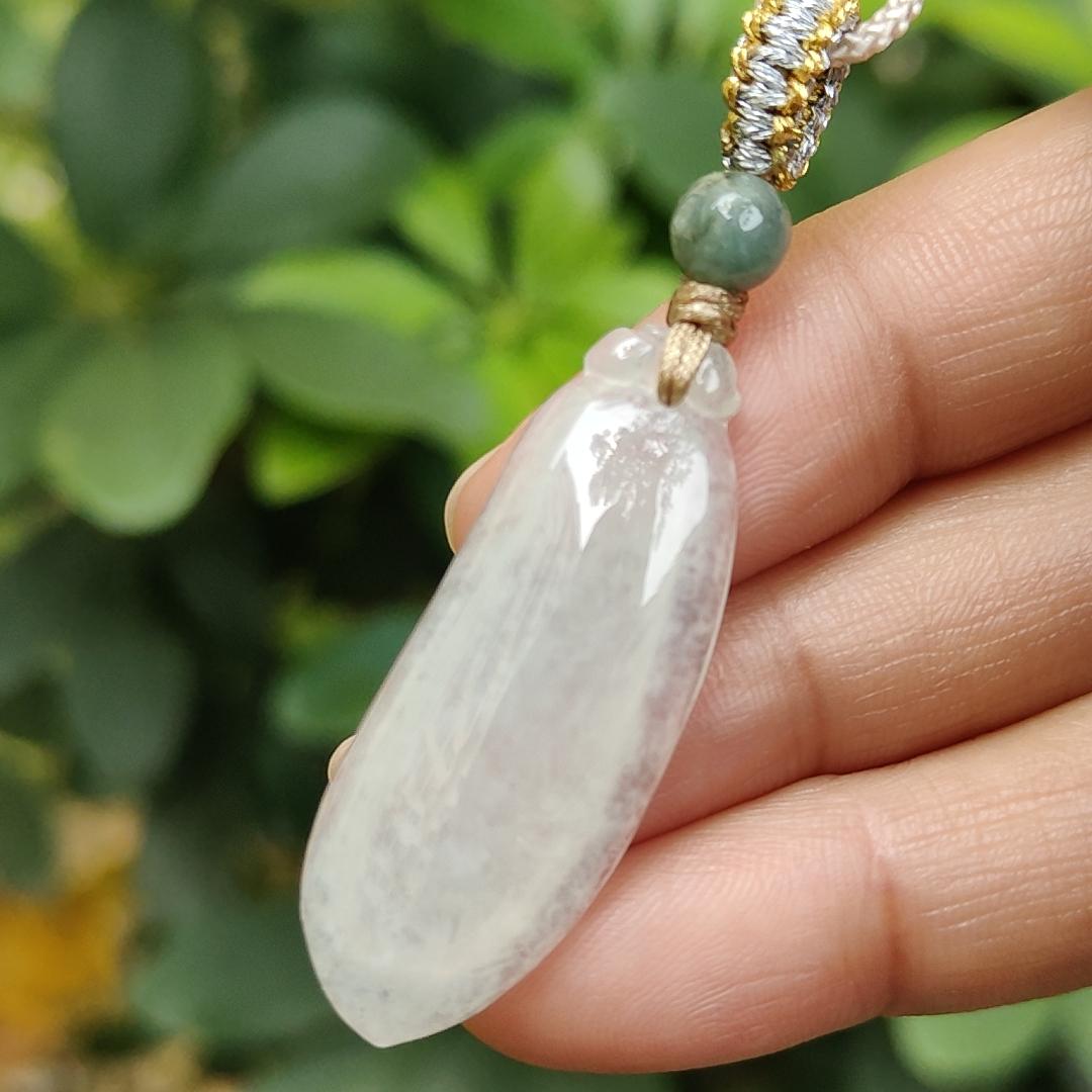 Icy Translucent Natural Burmese Jadeite Jade Crafted as Fuku Melon Pendant with light green hue, certificate weighs 4.82 grams, measurement 36.9 * 13.8 * 5.6 mm (pendant316) Yi Pin Qian Jadeites Jade Jewelry ~Your Precious Quintessential ~ Singapore