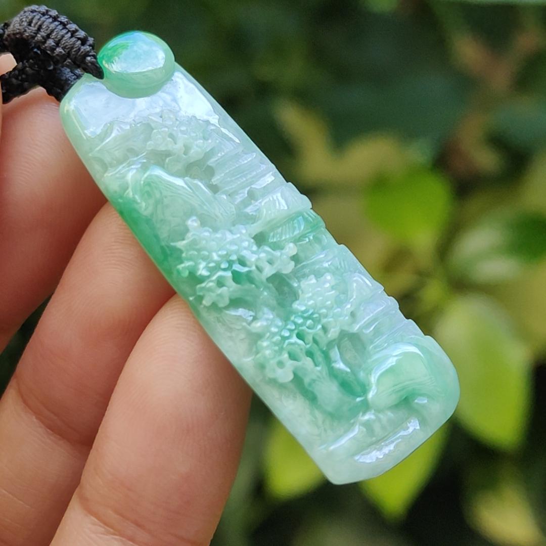 Beautiful Pendant crafted with scenery on Natural Type A Jadeite Jade certificate weigh 7.06 grams, measurement 44.2 * 16.1 * 5.3 mm (pendant383) Yi Pin Qian Jadeites Jade Jewelry ~Your Precious Quintessential ~ Singapore