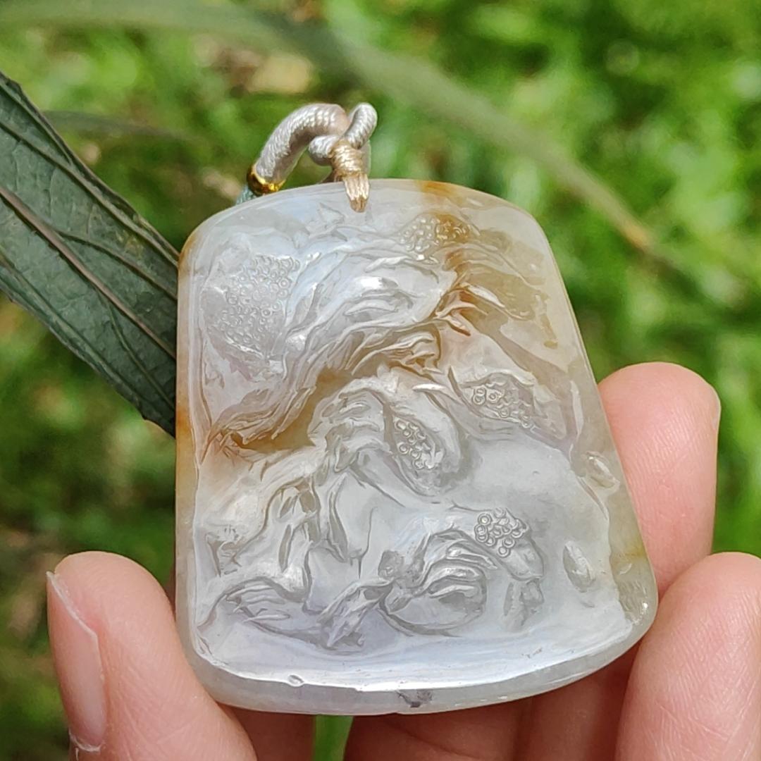 Yellow and White Semi Icy Natural Type A Jadeite Pendant Necklace crafted with nine tail fox symbols of Love, Charisma, and Good Luck, QIC Labs approved certificate included weigh 32.9 grams, 44 * 36 * 9 mm, suitable for daily wear Yi Pin Qian
