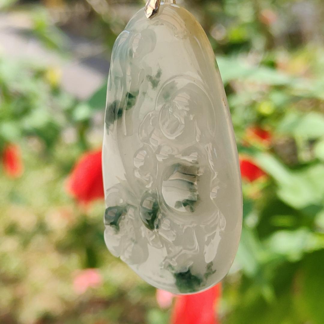 Special Sales - Rare Green Patches White with Yellow Hue Natural Type A Jadeite Jade crafter with Milo Buddha as Pendant, certificate weigh 17.2 grams, measurement 54.2 * 30.5 * 5.9 mm (pendant214) Yi Pin Qian
