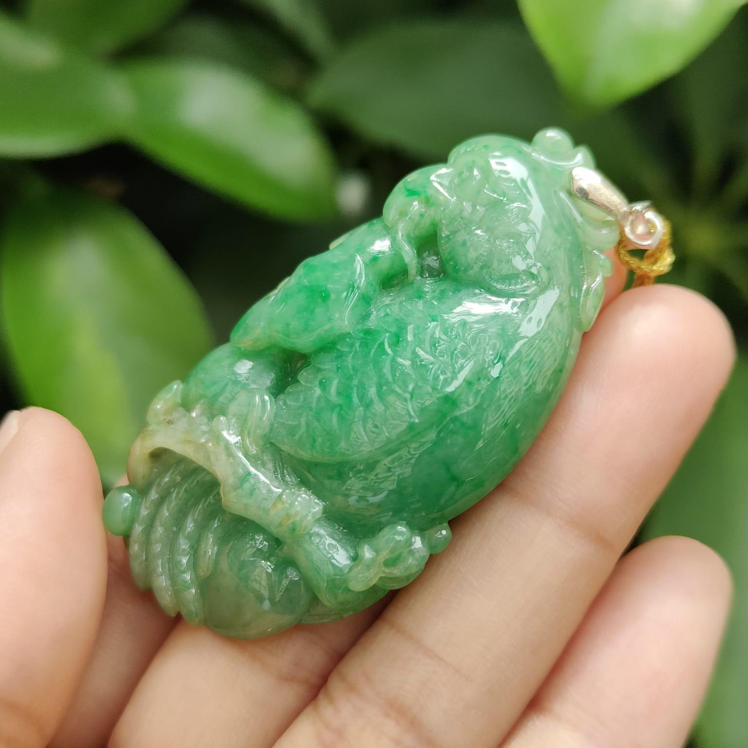 Green Natural Type A Jadeite Jade crafted with Parrot with Ruyi and Coin as Pendant, ceritificate weighs 22.55 grams, measurement 54.6 * 30 * 9.2 mm (pendant332) Yi Pin Qian Jadeites Jade Jewelry ~Your Precious Quintessential ~ Singapore
