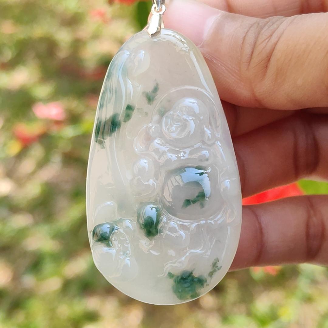 Special Sales - Rare Green Patches White with Yellow Hue Natural Type A Jadeite Jade crafter with Milo Buddha as Pendant, certificate weigh 17.2 grams, measurement 54.2 * 30.5 * 5.9 mm (pendant214) Yi Pin Qian