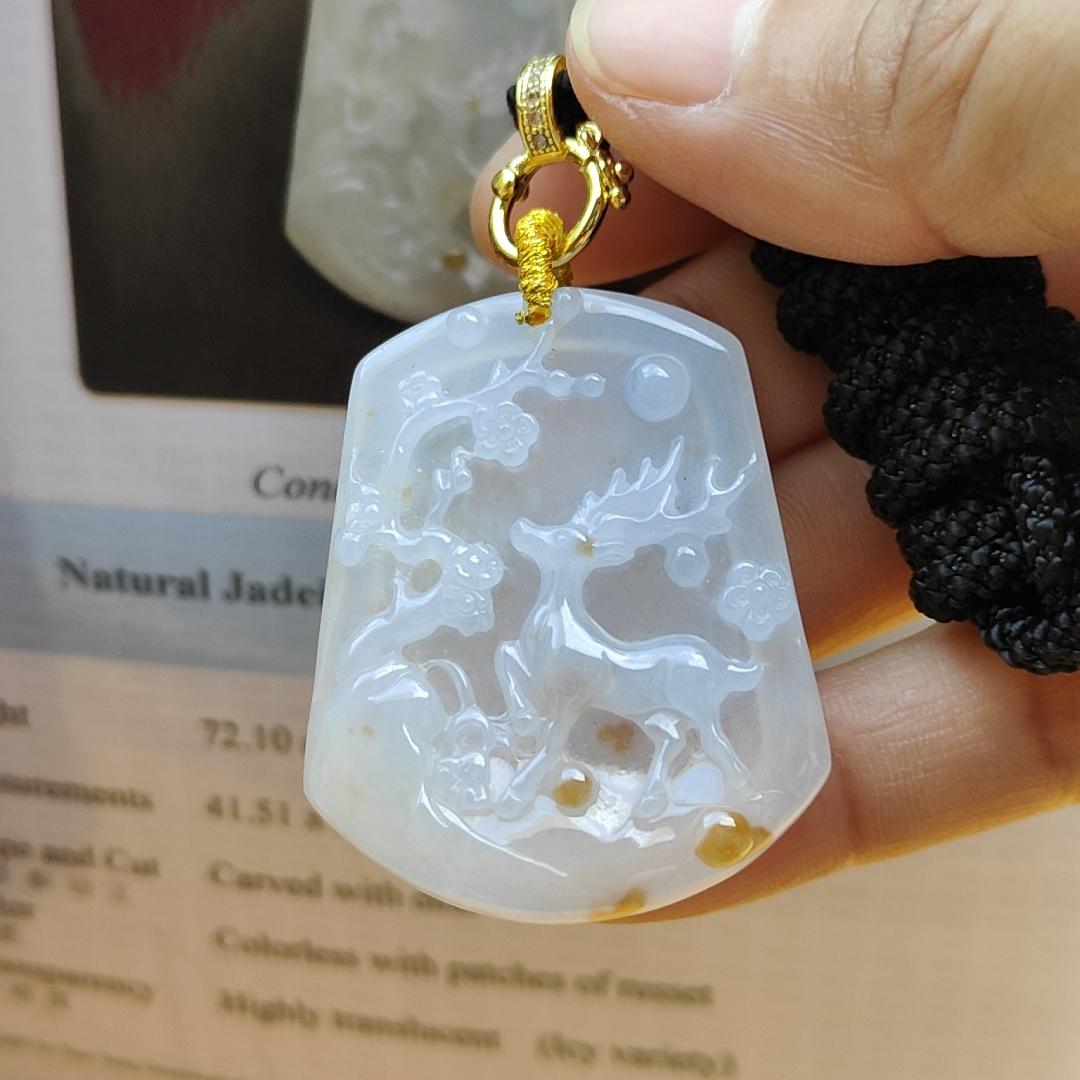 Natural Type A Jadeite carved with deer , Icy Highly Translucent with russet patches , NGI Certification with weight at 72.1 grams , [41.51 * 33.32 * 6.08 mm] - Premium Myanmar Jadeite Pendant (pendant144) Yi Pin Qian