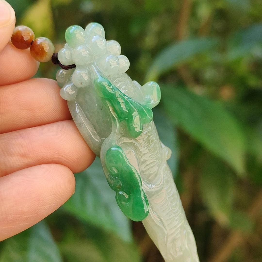 With Green and Light Green Ginseng Ruyi Natural Type A Jadeite pendant come with certificate weight 40.59 grams, 72.30 * 24.80 * 20 mm meaning Auspicious, representing good luck, happiness, joy, and wealth boosting you wearing it (pendant97) Yi Pin Qian