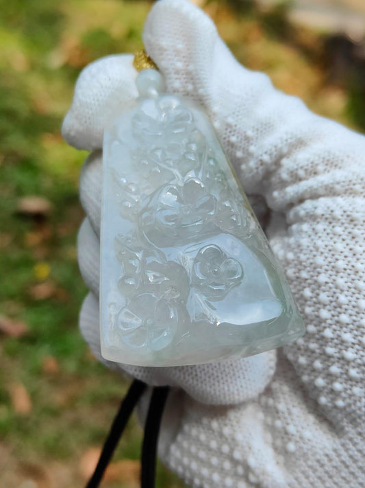 Icy Translucent Type A Jadeite Jade Pendant with Landscape & Floral Carving in Light Green & Brownish Yellow (Sku: pendant456)