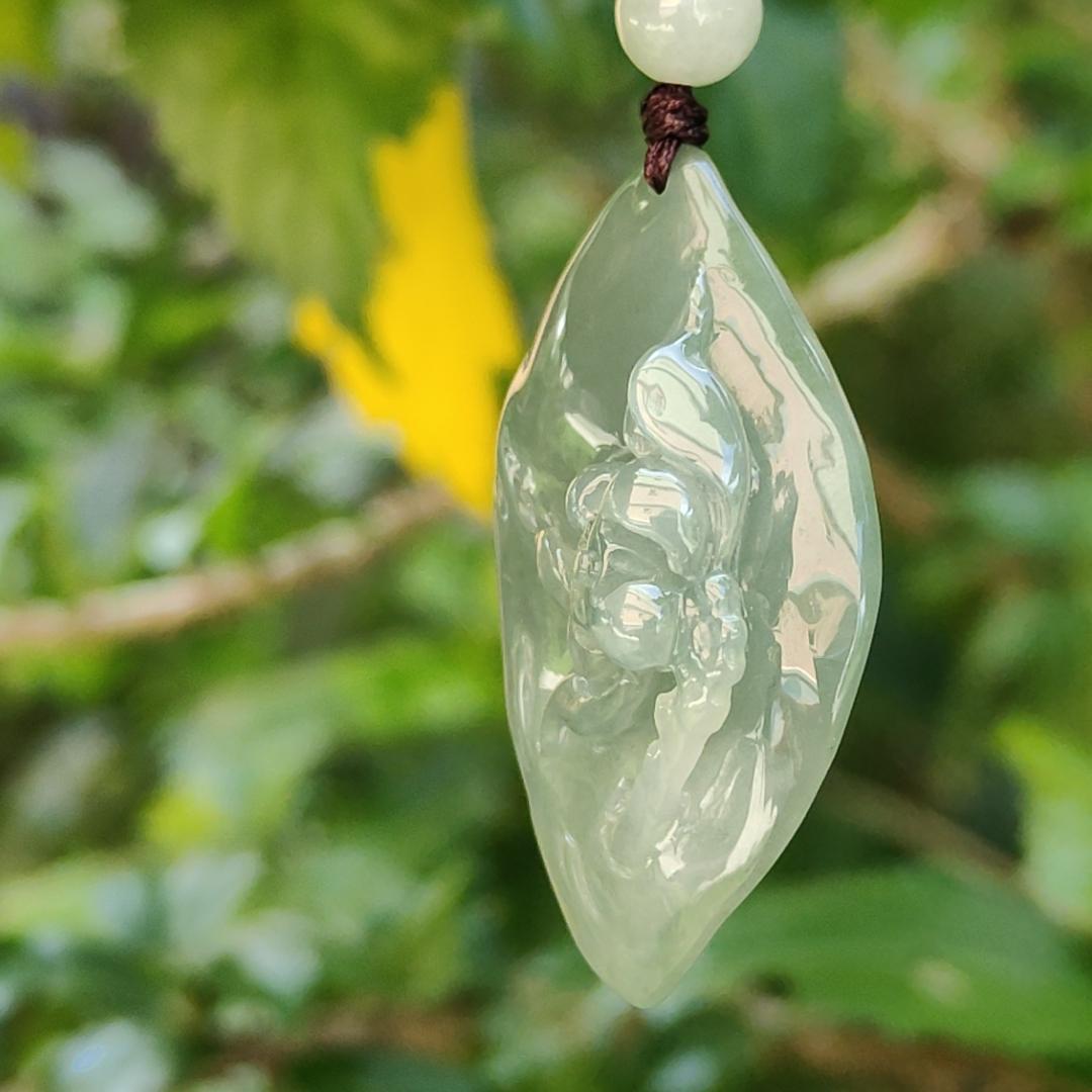 Quality Semi Icy Full Oil Green Natural Type A Jadeite Jade Pendant Necklace crafted with Lotus, certificate included weigh 12.07 grams, measurement 41.3 * 27 * 11 mm (pendant182) Yi Pin Qian