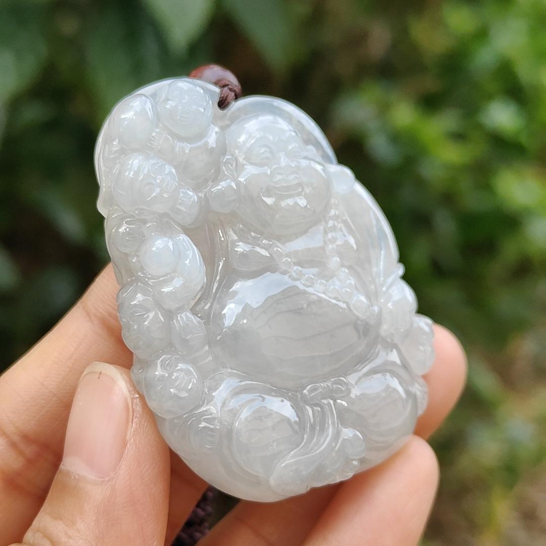 Semi Icy Translucent Natural Type A Jadeite Pendant Necklace Crafted with Milo Buddha with symbols of Be tolerant, smile often, be tolerant and happy, certificate included weigh 45 grams, 54 * 40.5 * 12.3 mm, suitable for daily wear,collection (pendant46) Yi Pin Qian
