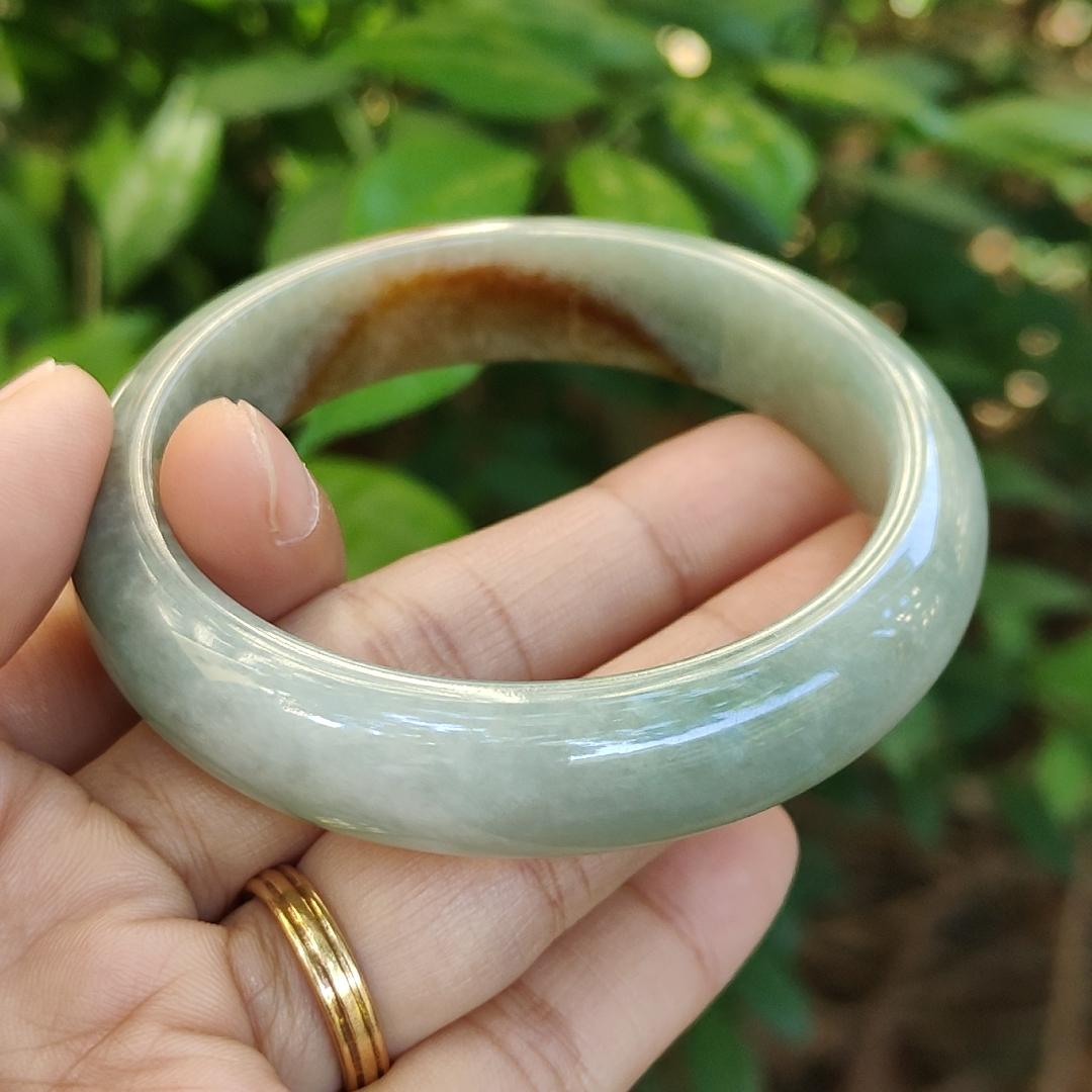53.5 mm Light Green with Brown Patch Quality Burma Natural Type A Jadeite Jade crafted as Peace Bangle, certificate weighs 50.76 grams, Width: 13 mm Thickness: 7.6 mm (bangle16) Yi Pin Qian Jadeites Jade Jewelry ~Your Precious Quintessential ~ Singapore