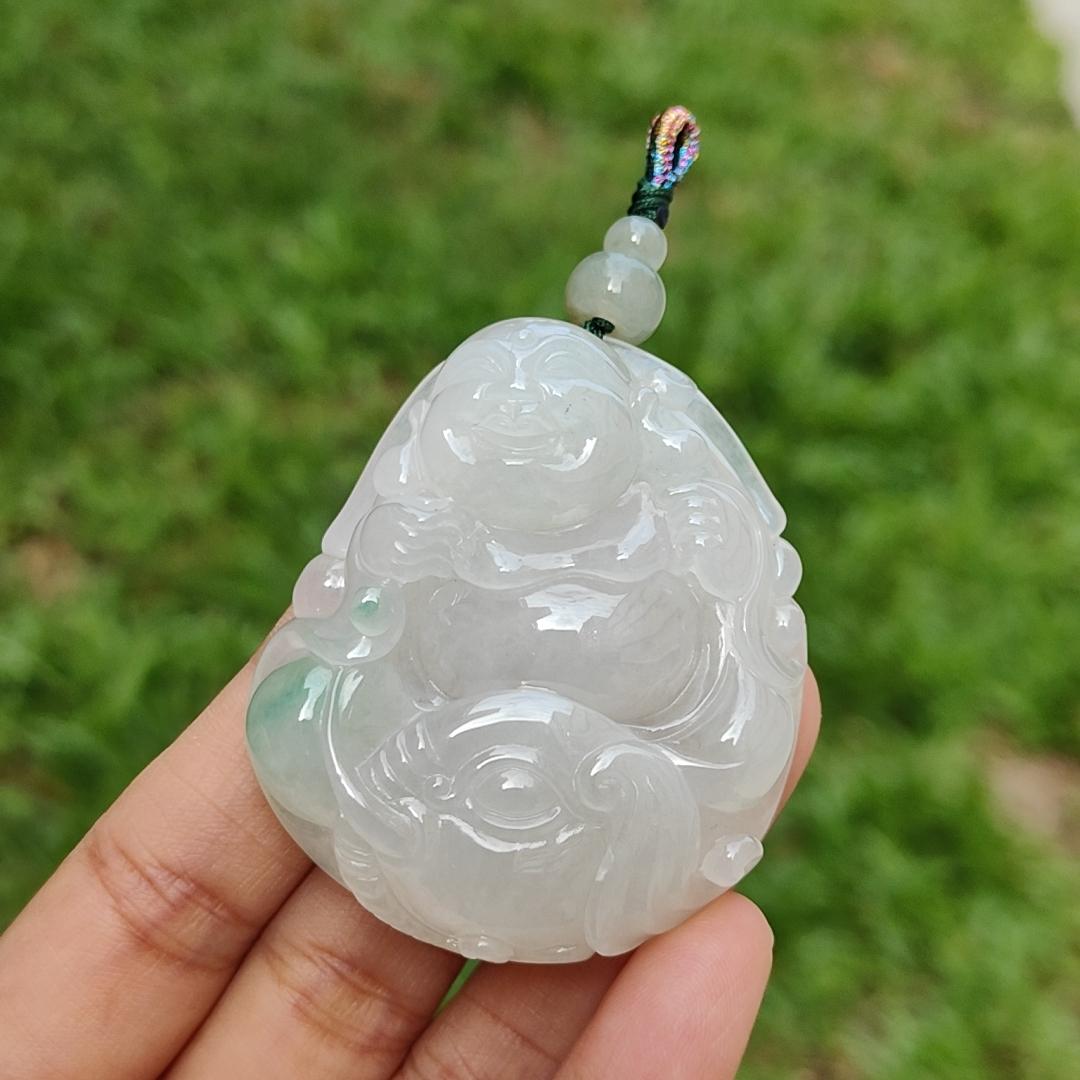 Crafted with Budai Laughing Buddha, Elephant and Ruyi Premium Semi Icy Natural Type A Jadeite with green patches Pendant Necklace with certificate weigh 45.38 grams, 50.5 * 44 * 12.3 mm (pendant160) Yi Pin Qian