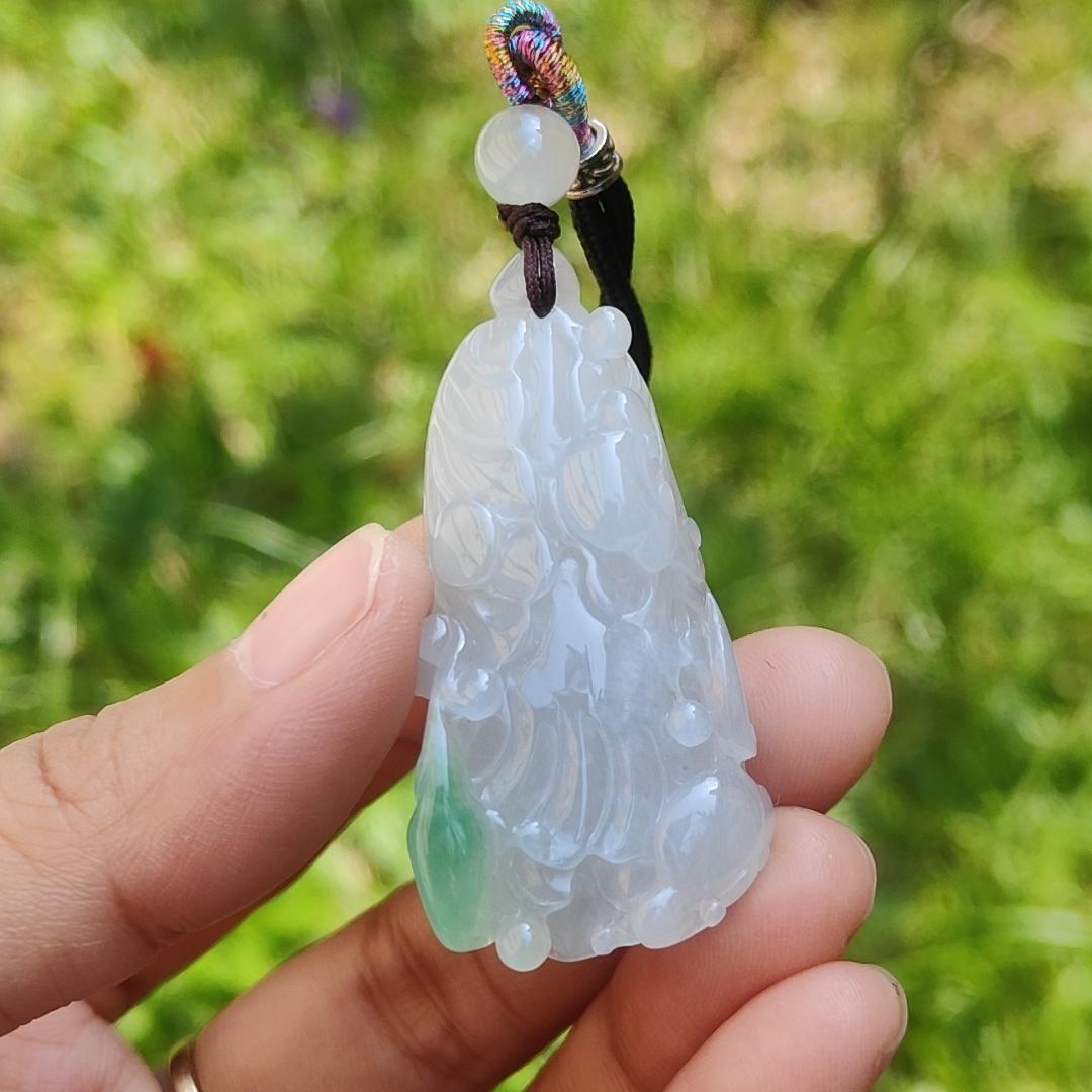 Semi Icy Natural Type A Jadeite Jade with green crafted as Chinese Cabbage Pendant, with certificate weigh 21.33 grams, measurement 47 * 25 * 12 mm (pendant197) Yi Pin Qian