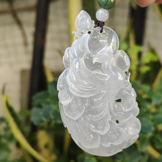 Pheonix Type A Natural Jadeite Pendant Jewelry with NGI Gemstone report weight 113.71 gram , 60.73 * 32.19 * 9.27 mm - Very High Translucent Icy Variety with very fine grain (pendant159) Yi Pin Qian