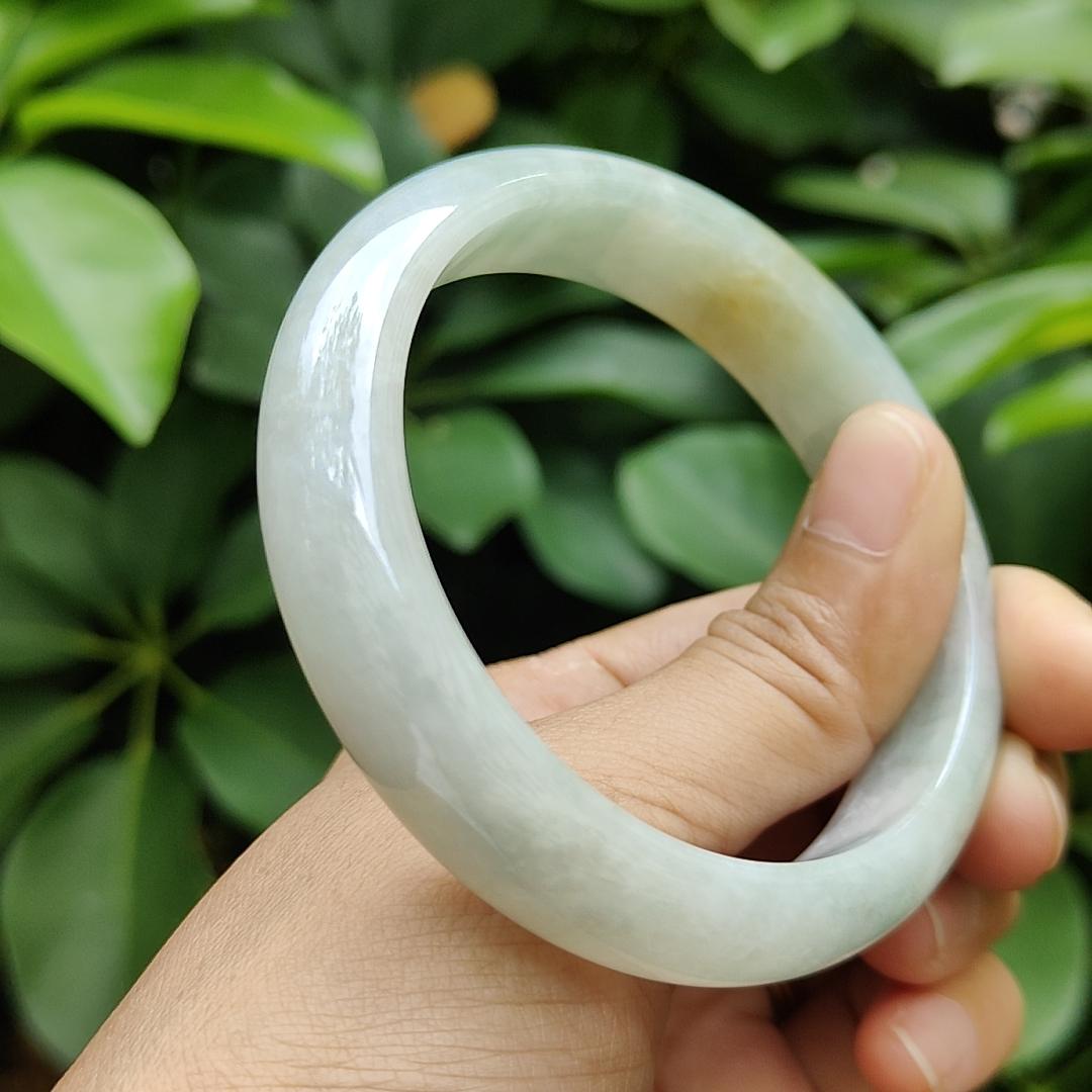 57.8mm, Width 13.7 * Thickness 7.8 mm Peace Bangle Light Green Hue with Brownish Yellow Natural Type A Jadeite Jade certificate weighs 59.44 grams (bangle20) Yi Pin Qian Jadeites Jade Jewelry ~Your Precious Quintessential ~ Singapore