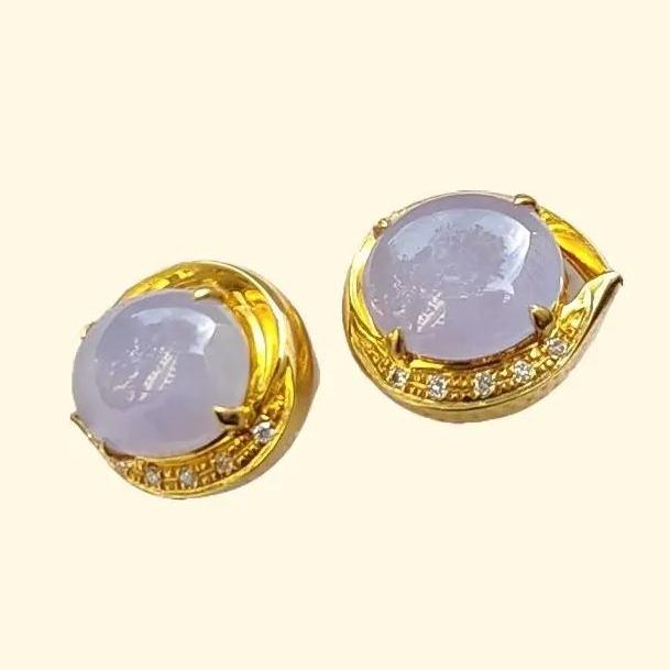 New SG Local High-Quality pair of Light Lavender crafted as cabochons on Natural Type A Jadeite Jade set with 18k gold as stud earrings, certificate weighs 2.51 grams (18k02) Yi Pin Qian Jadeites Jade Jewelry ~Your Precious Quintessential ~ Singapore