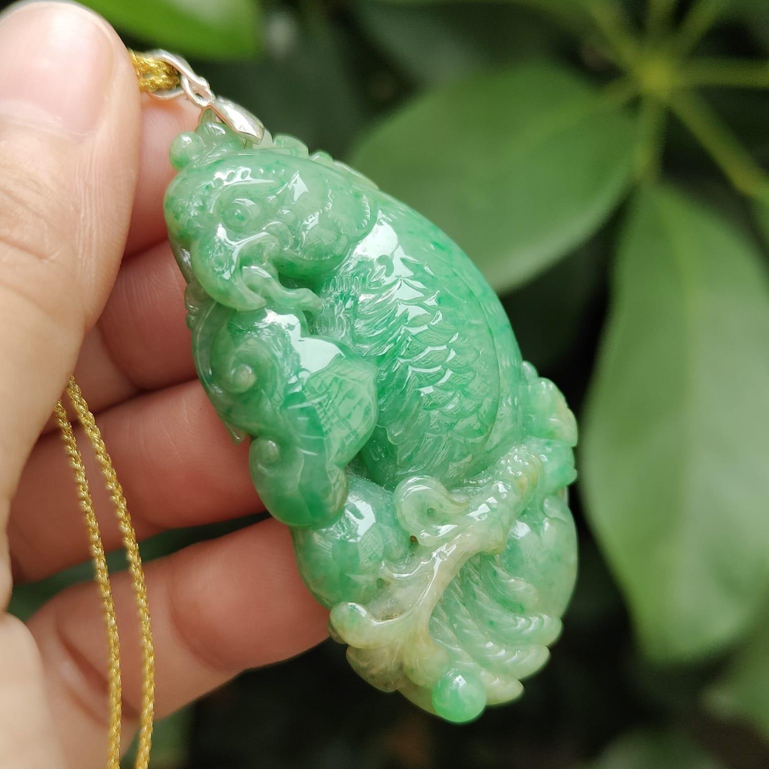 Green Natural Type A Jadeite Jade crafted with Parrot with Ruyi and Coin as Pendant, ceritificate weighs 22.55 grams, measurement 54.6 * 30 * 9.2 mm (pendant332) Yi Pin Qian Jadeites Jade Jewelry ~Your Precious Quintessential ~ Singapore