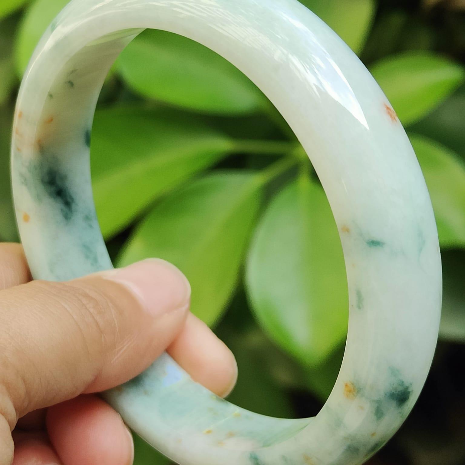 60.8 mm Light Green with Green Patches and Golden Yellow Patches Peace Bangle Natural Type A Jadeite Jade, certificate weighs 63.55 Width 13.5 Thickness 8mm (bangle29) Yi Pin Qian Jadeites Jade Jewelry ~Your Precious Quintessential ~ Singapore