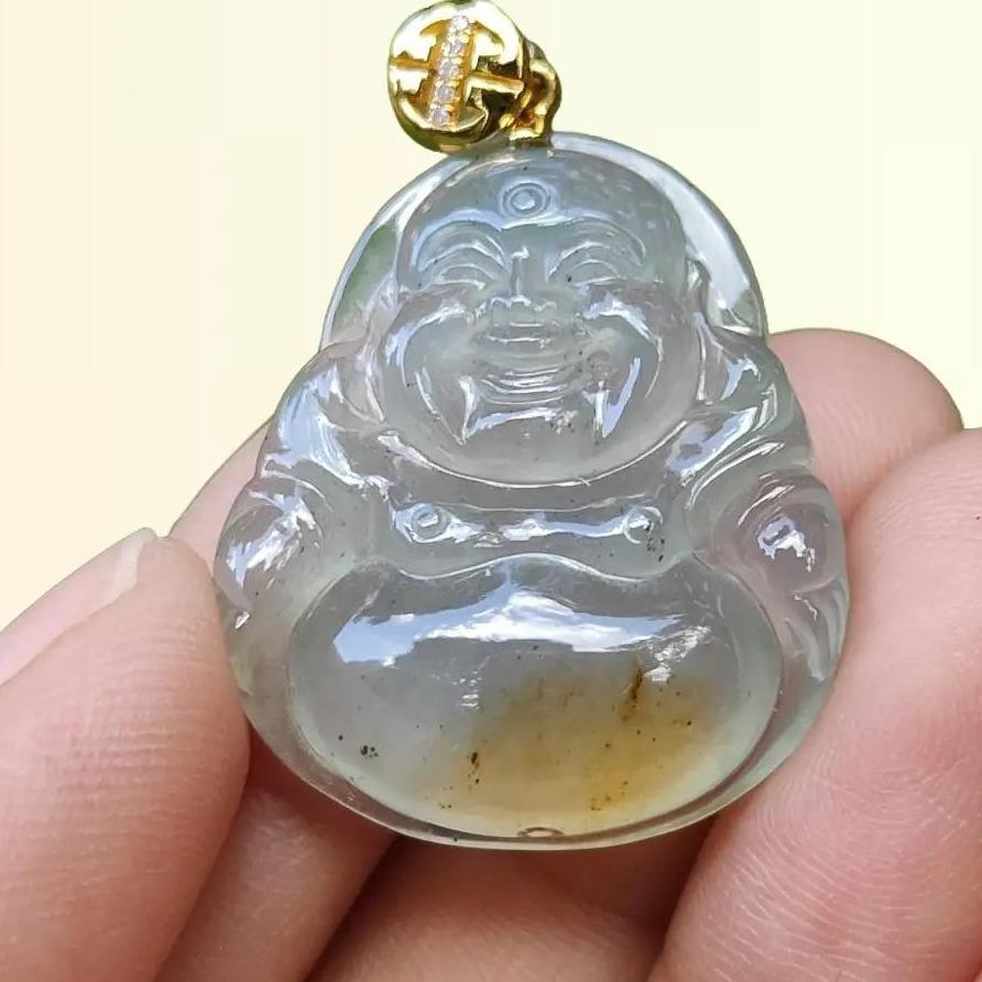 Rare Old Pit Icy Translucent with Yellow and Light Green Hue Collectible Natural Type A Jadeite Jade crafted as Milo Buddha added with 18k Gold Clasp as Pendant, certificate weighs 6.09 grams, measurement 26.8 * 23.2 * 6 mm (18kp63) Yi Pin Qian Jadeites Jade Jewelry ~Your Precious Quintessential ~ Singapore