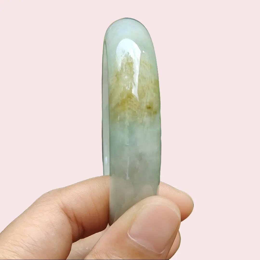 57.8mm, Width 13.7 * Thickness 7.8 mm Peace Bangle Light Green Hue with Brownish Yellow Natural Type A Jadeite Jade certificate weighs 59.44 grams (bangle20) Yi Pin Qian Jadeites Jade Jewelry ~Your Precious Quintessential ~ Singapore