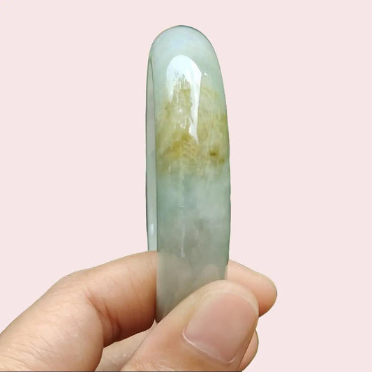 57.8mm, Width 13.7 * Thickness 7.8 mm Peace Bangle Light Green Hue with Brownish Yellow Natural Type A Jadeite Jade certificate weighs 59.44 grams (bangle20) Yi Pin Qian Jadeites Jade Jewelry ~Your Precious Quintessential ~ Singapore