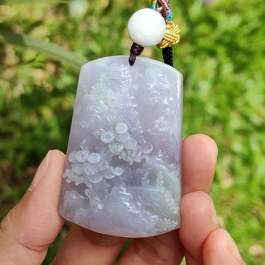 Lavender with green patches Crafted with People, Moutains, Trees, bridge, water, good for boosting personal fengshui Natural Type A Jadeite Pendant Necklace with certificate weigh 42.92 grams, 51.5 * 36.2 * 11.5 mm Yi Pin Qian