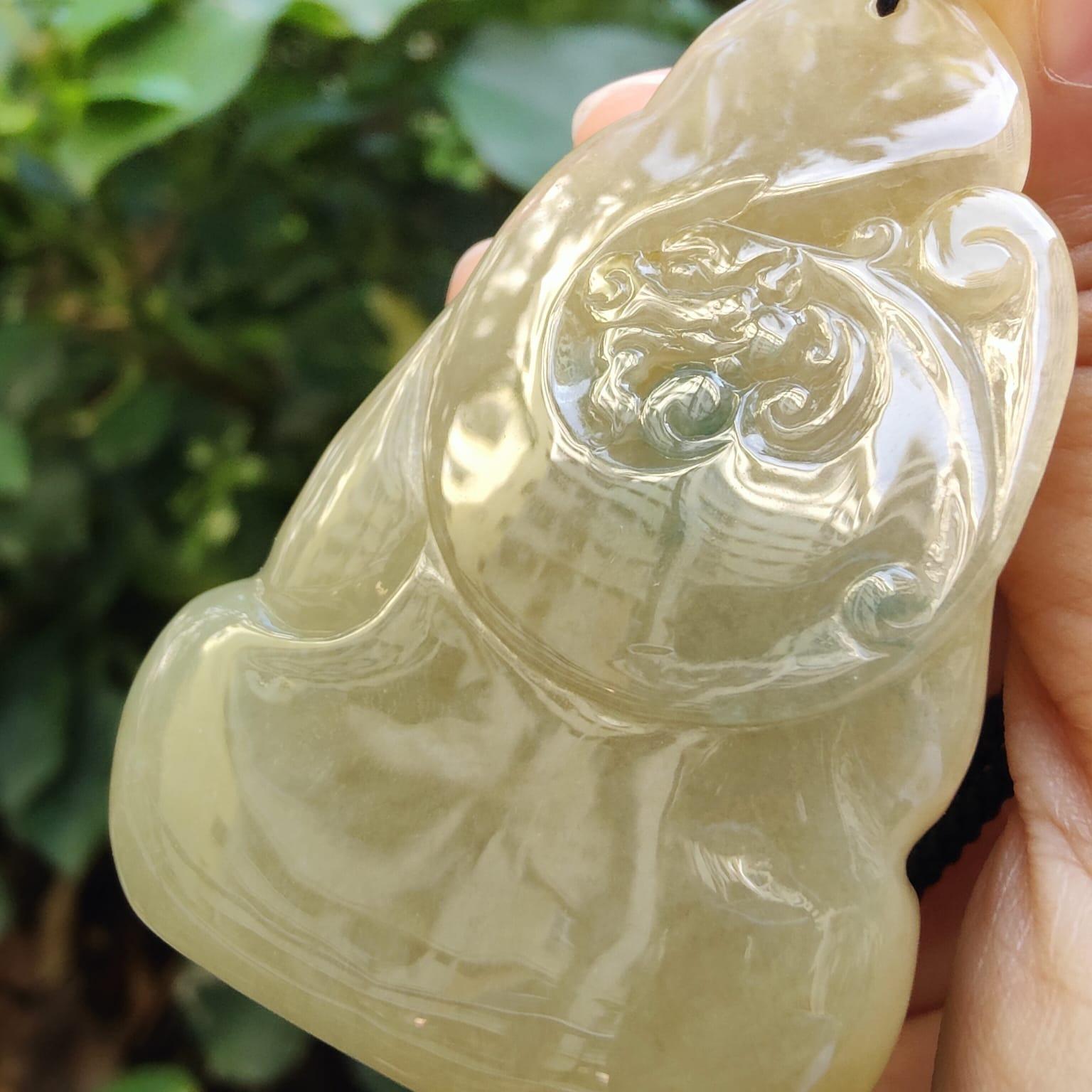 Collector doesn't want to Miss!!! - Super Rare High Premium Icy Yellow with Green patches Bodhidharma Pendant / Display Natural Type A Jadeite Jade certificate weighs 73.89 grams, measurement 61 * 43.6 * 18.5 (pendantdis386) Yi Pin Qian Jadeites Jade Jewelry ~Your Precious Quintessential ~ Singapore
