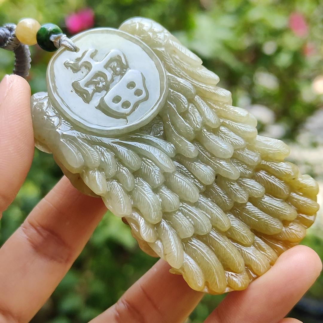Super Rare Yellow with Light Green Hue Natural Type A Jadeite Jade crafted with shape of Lei Zhenzi as Pendant, certificate weighs 79.58 grams, measurement 69.8 * 42 * 19.5 (pendant257) Yi Pin Qian