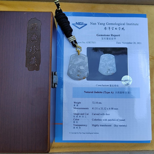 Natural Type A Jadeite carved with deer , Icy Highly Translucent with russet patches , NGI Certification with weight at 72.1 grams , [41.51 * 33.32 * 6.08 mm] - Premium Myanmar Jadeite Pendant (pendant144) Yi Pin Qian