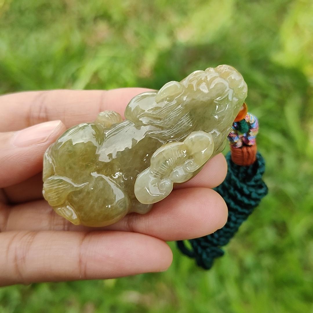 Premium Yellow Natural Type A Jadeite Pendant Necklace Crafted as Pixiu with Ruyi and Coin, certificate included weigh 39.48 grams, measurement 56.8 * 28.8 * 13 mm, suitable for daily wear and collectible (pendant41) Yi Pin Qian