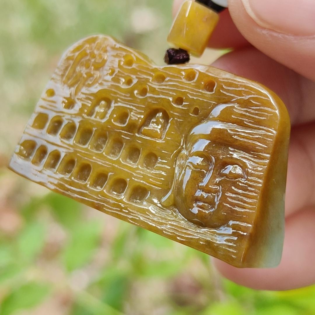 Special Price - Unique Rare Crafted with Mogao Caves on Brown Natural Type A Jadeite Jade as Pendant, certificate weighs 23.9 grams, measurement 23.1 * 41.5 * 13 mm (pendant287) Yi Pin Qian
