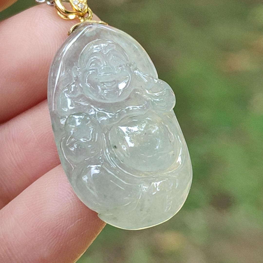 #Sold New Arrival Singapore High Quality Light Green Hue Natural Type A Jadeite Jade crafted as Milo Buddha set with 18k gold clasp as Pendant, certificate weighs 6.86 grams, measurement 30.2 * 17.5 * 6.8 mm (18kp70)