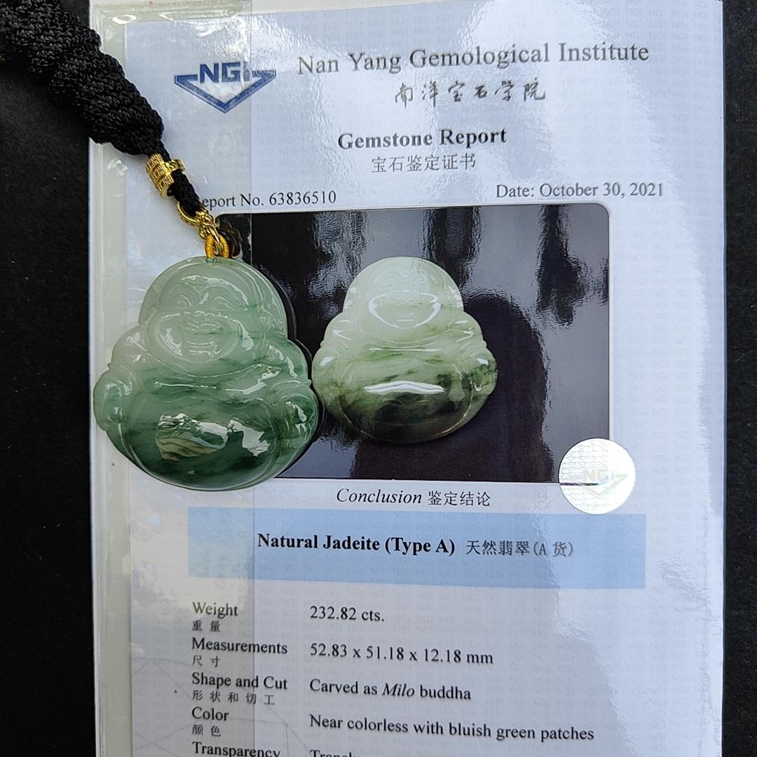 Rare, Hugh, Old Mine Translucent Floating bluish green patches Natural Type A Jadeite Pendant carved as Milo Buddha weight 232.82 grams, 52.83 * 51.18 * 12.18 mm, fine grain crystal aggregate suitable for daily wear with NGI Certificate (pendant143) Yi Pin Qian