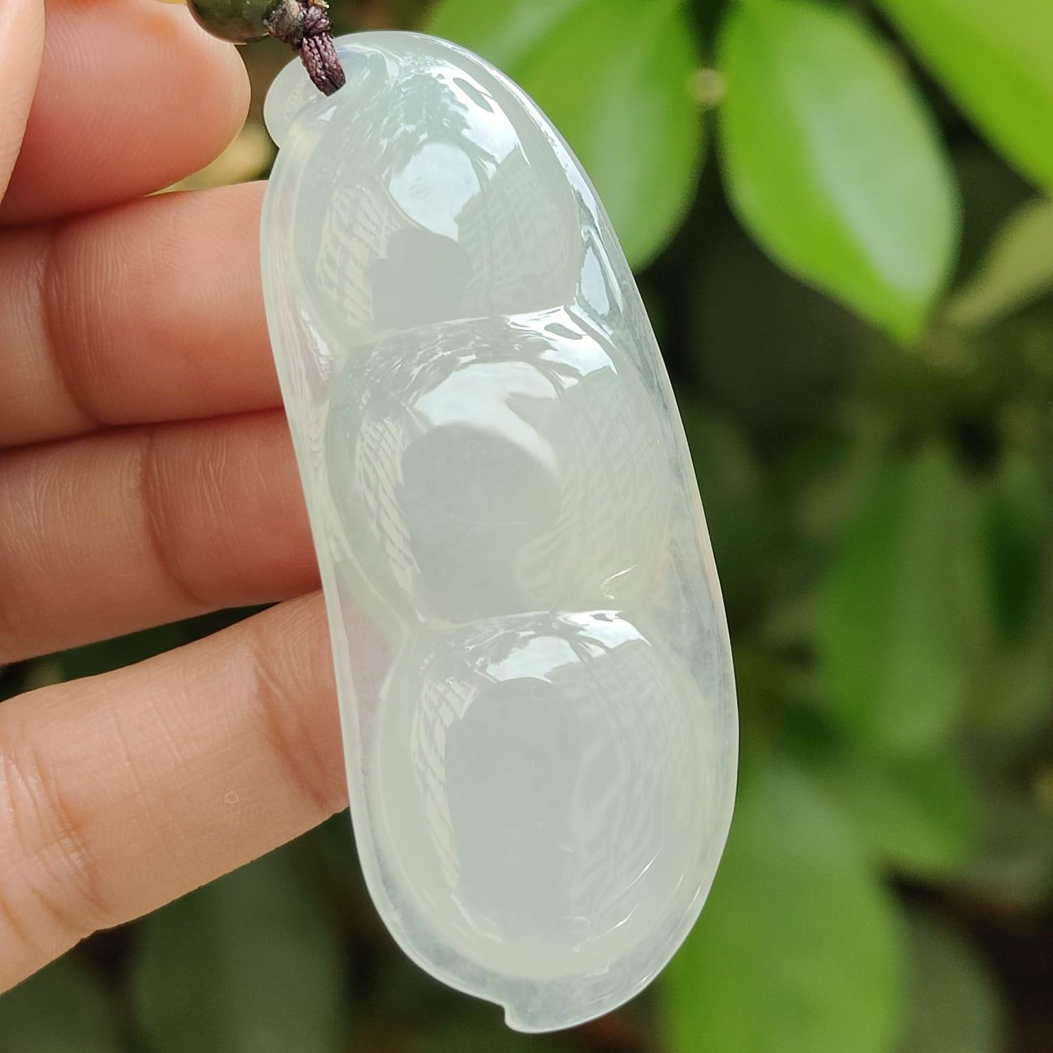Bean with bat pendant crafted on Icy Translucent Natural Type A Jadeite Jade, certificate weighs 23.26 grams, measurement 56.3 * 22 * 10.7 mm (pendant394) Yi Pin Qian Jadeites Jade Jewelry ~Your Precious Quintessential ~ Singapore