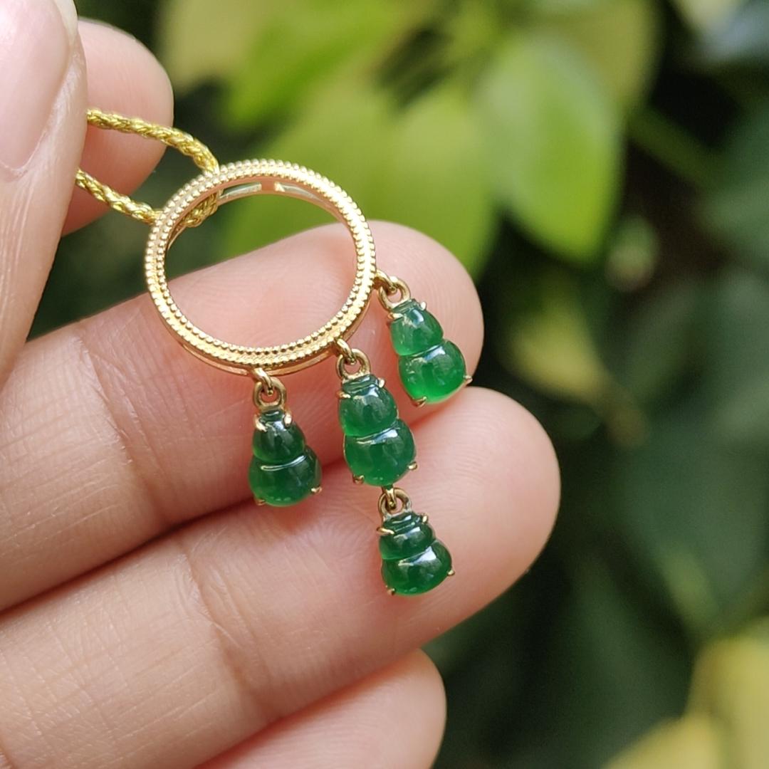 Four Green Gourd Shape Natural Type A Jadeite Jade set with 18k as Pendant, certificate weighs 1.66 grams (18kp93) Yi Pin Qian Jadeites Jade Jewelry ~Your Precious Quintessential ~ Singapore