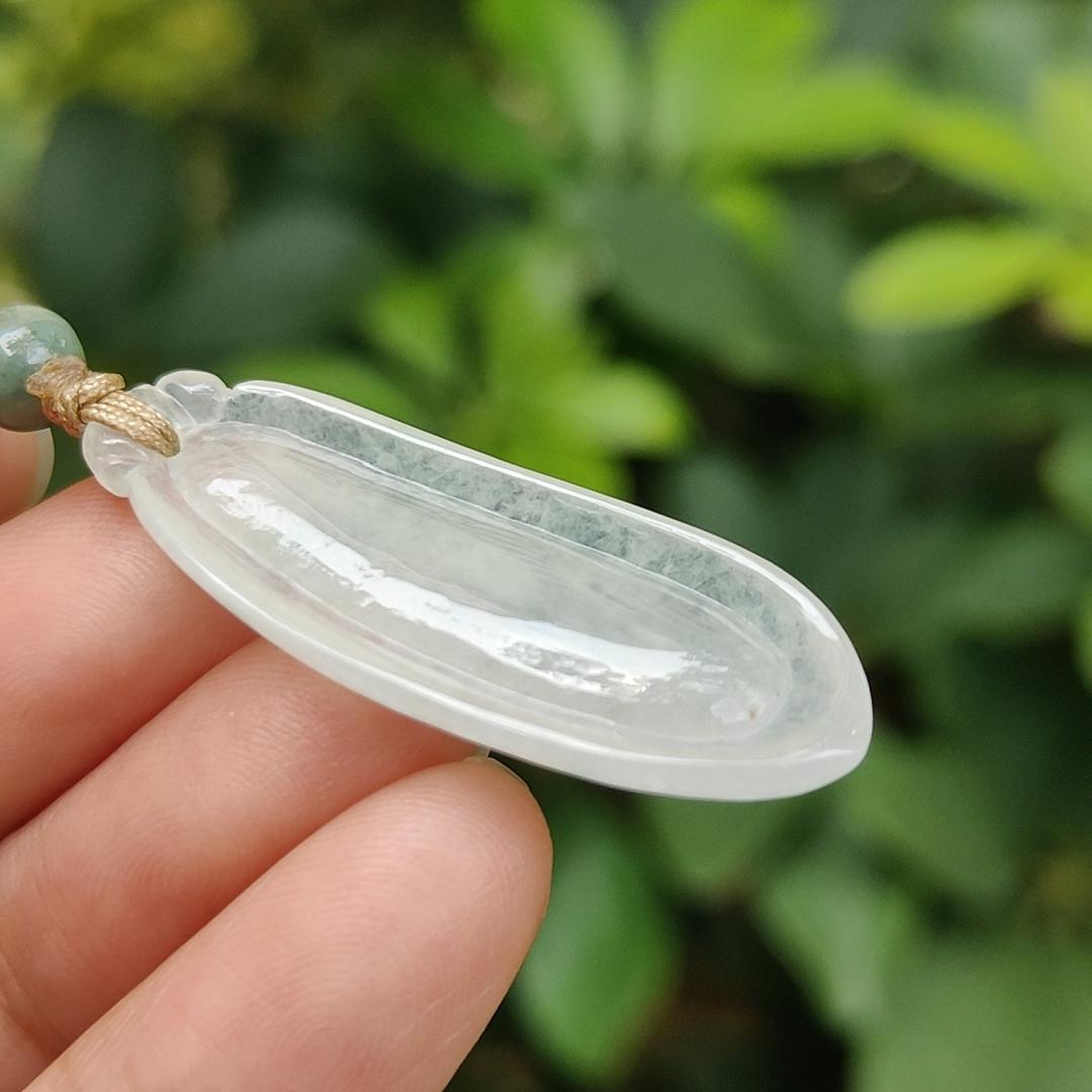Icy Translucent Natural Burmese Jadeite Jade Crafted as Fuku Melon Pendant with light green hue, certificate weighs 4.82 grams, measurement 36.9 * 13.8 * 5.6 mm (pendant316) Yi Pin Qian Jadeites Jade Jewelry ~Your Precious Quintessential ~ Singapore