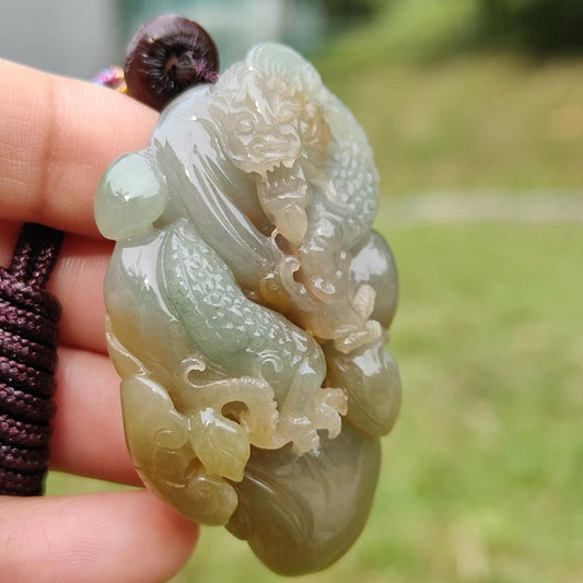 Reddish, Yellow and Green Natural Type A Jadeite Jade Pendant Necklace Crafted with Dragon and Ruyi with certificate weigh 40.57 grams, measurement 53.6 * 34.8 * 15 mm, symbols of Good luck, happiness and health (pendant189) Yi Pin Qian