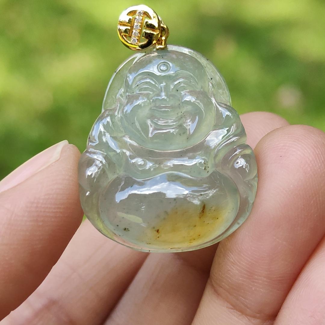 Rare Old Pit Icy Translucent with Yellow and Light Green Hue Collectible Natural Type A Jadeite Jade crafted as Milo Buddha added with 18k Gold Clasp as Pendant, certificate weighs 6.09 grams, measurement 26.8 * 23.2 * 6 mm (18kp63) Yi Pin Qian Jadeites Jade Jewelry ~Your Precious Quintessential ~ Singapore