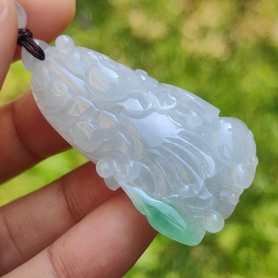 Semi Icy Natural Type A Jadeite Jade with green crafted as Chinese Cabbage Pendant, with certificate weigh 21.33 grams, measurement 47 * 25 * 12 mm (pendant197) Yi Pin Qian