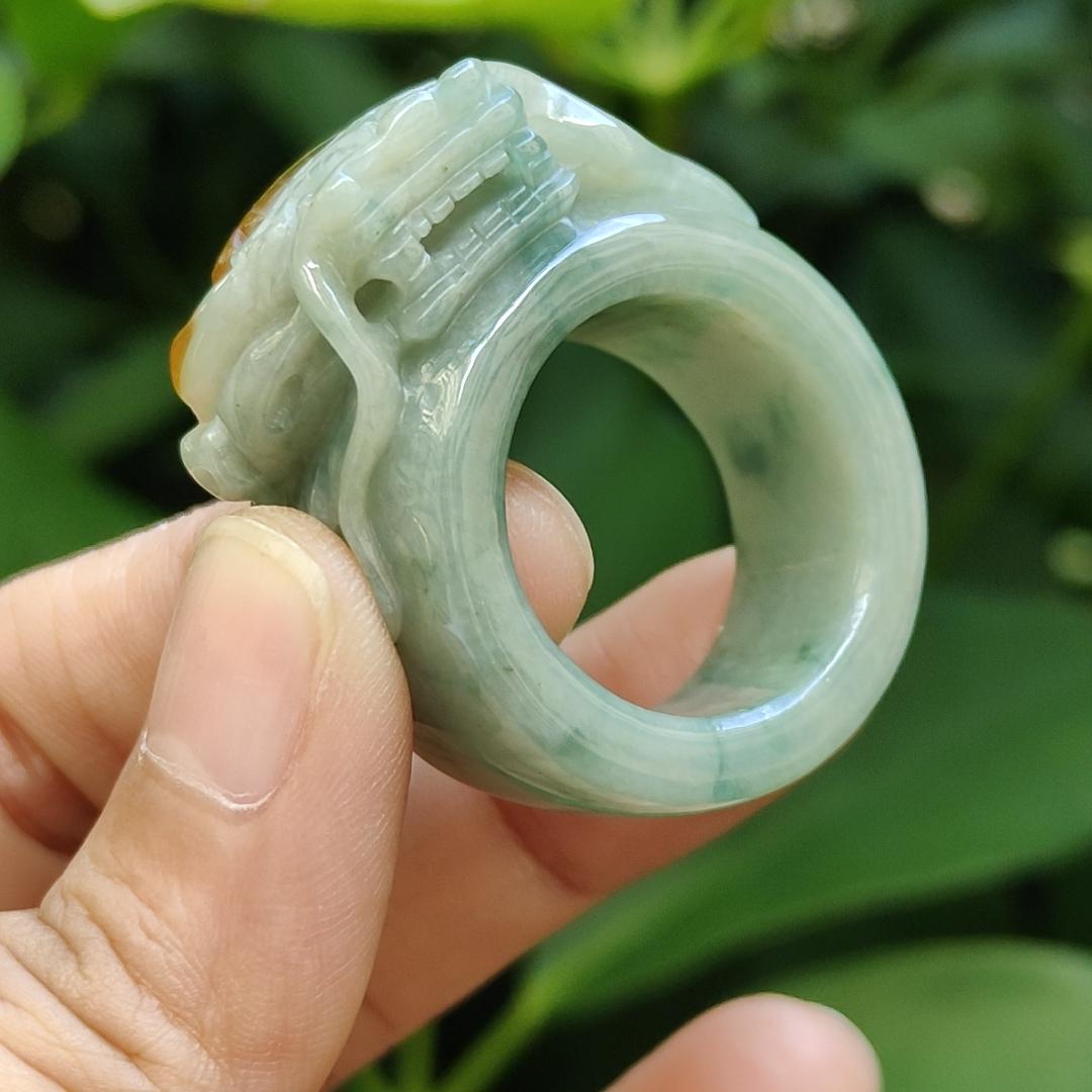 Green Hue Patches and Yellow Natural Type A Jadeite-Jade crafted as Dragon Ring with finger size 20.8mm, certificate weighs 26.8 grams, measurement 39.2 * 31.6 * 15.5 mm (ring12) Yi Pin Qian Jadeites Jade Jewelry ~Your Precious Quintessential ~ Singapore