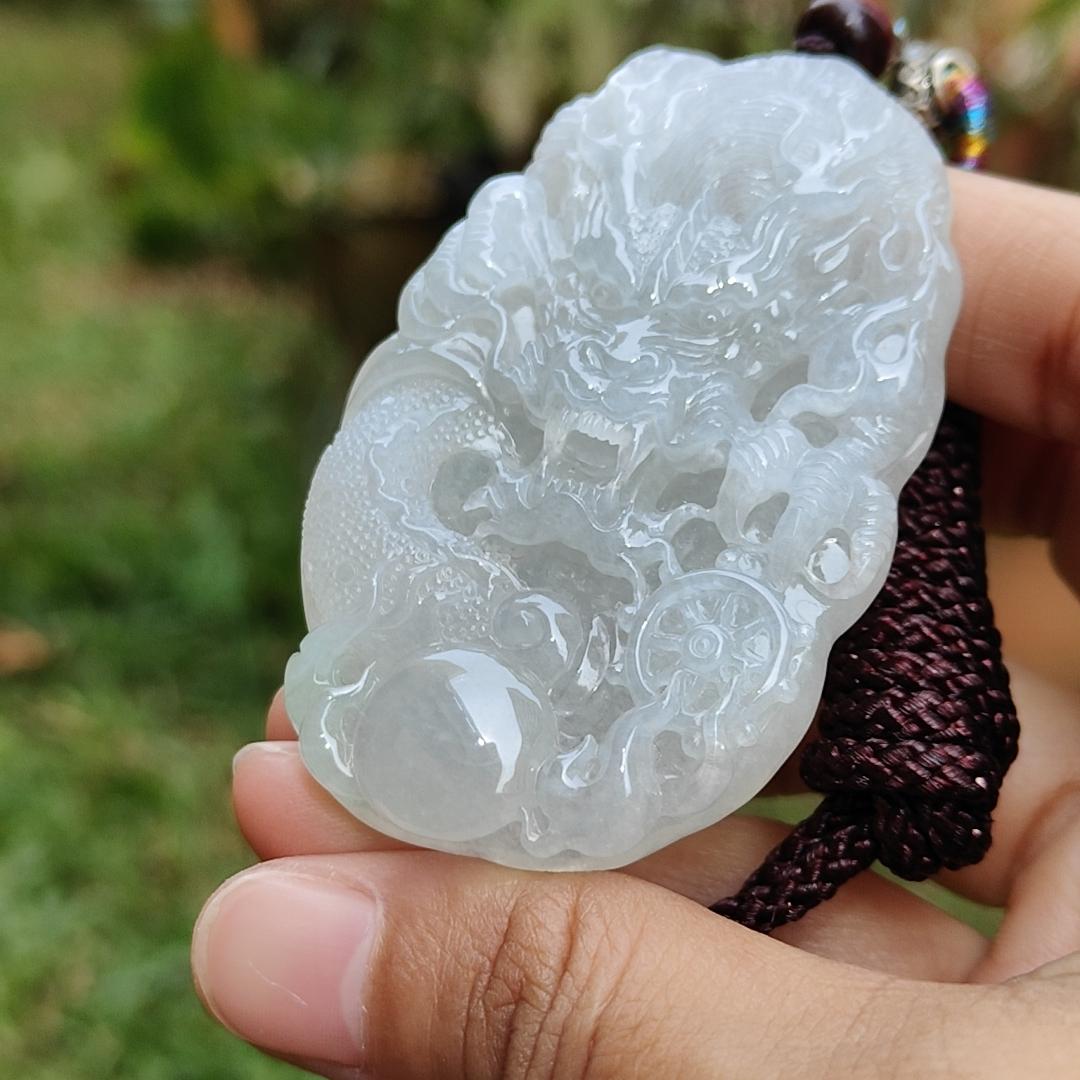 Semi Icy Premium Natural Type A Jadeite Jade crafted as Dragon with certificate weigh 49.63, measurement 64.8 * 42.5 * 10.5 mm (pendant190) Yi Pin Qian