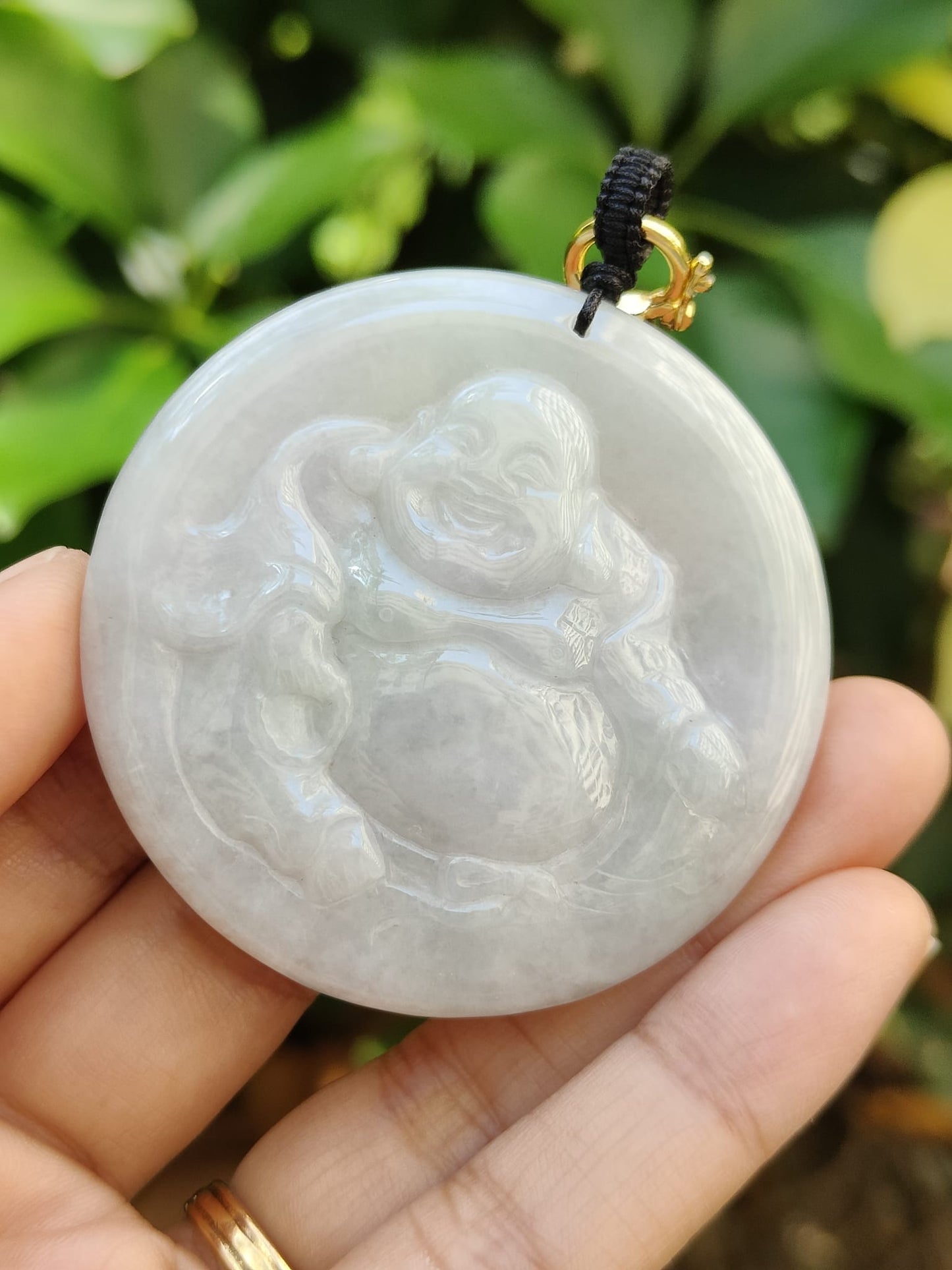 Natural Jadeite Jade Laughing Buddha Pendant with Certificate – Light Green & Lavender Hue (Sku: pendant453)