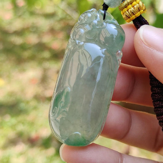 Premium Quality Icy Translucent Green with Green Patches Natural Type A Jadeite Jade crafted with Squirrel and Ruyi as Pendant, certificate weigh 17.83 grams, measurement 49.3 * 21 * 9.3 mm (pendant225) Yi Pin Qian