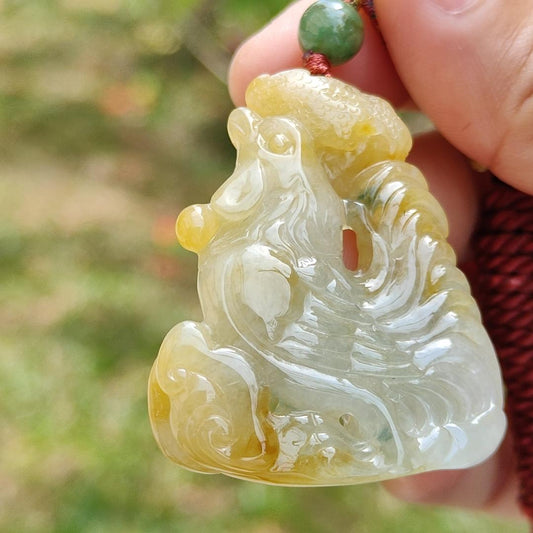 Premium Quality Yellow and Green Natural Type A Jadeite Jade crafted as Rooster with Ruyi as pendant necklace with certificate weigh 17.7 grams, measurement 41.6 * 34.8 * 7.5 mm (pendant208) Yi Pin Qian